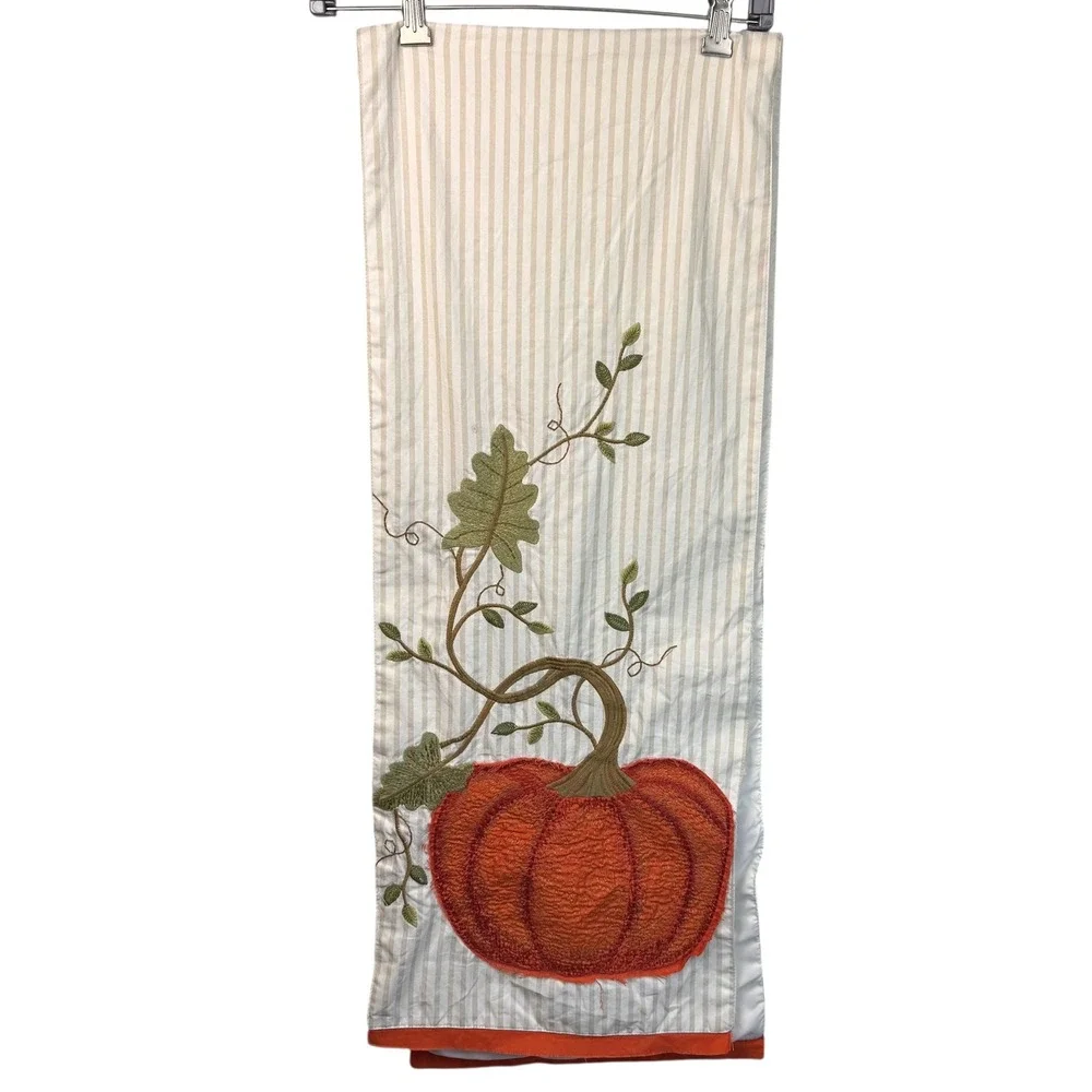 Pier 1 Imports‎ Table Runner 66x13 Pumpkin Stripe Embroidered Fall Thanksgiving